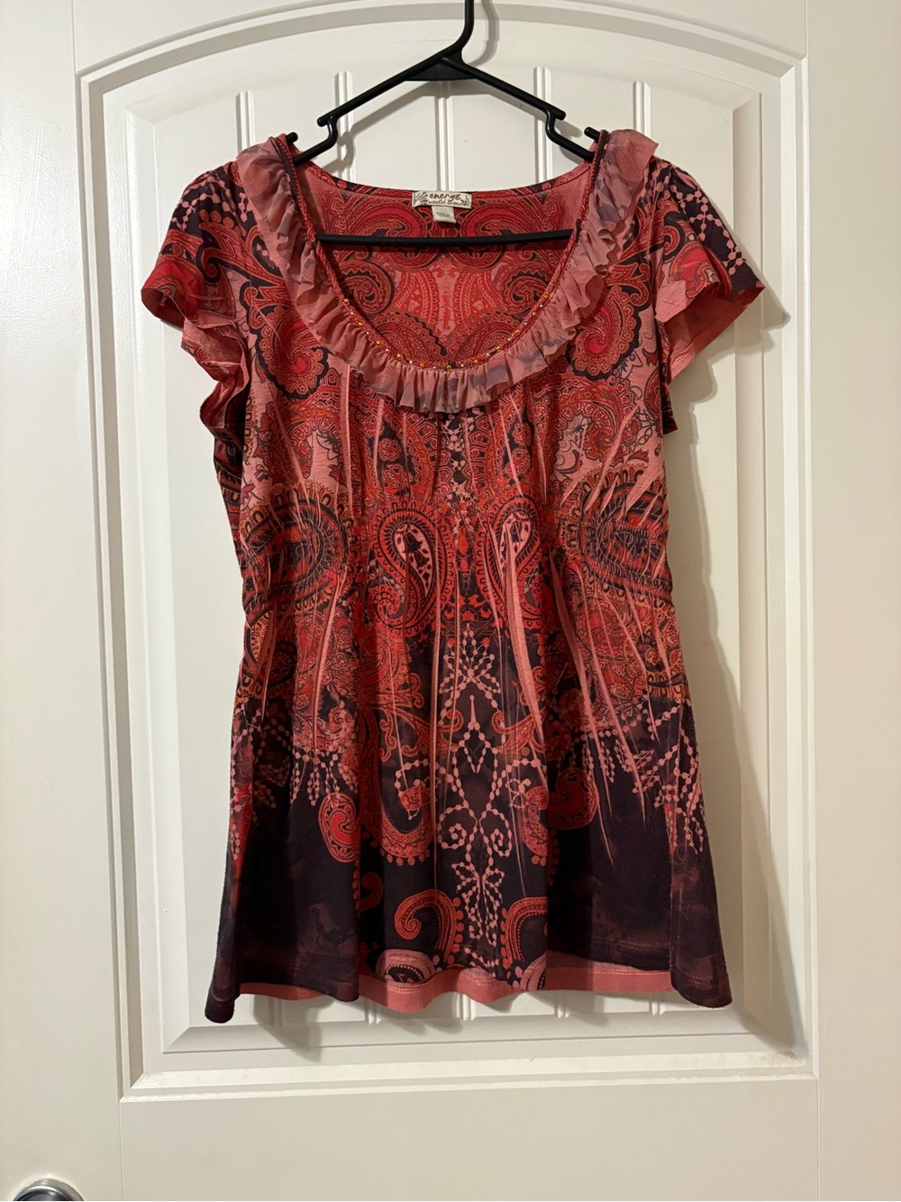 Energie Red Paisley Scoop Neck Blouse with Ruffle Trim